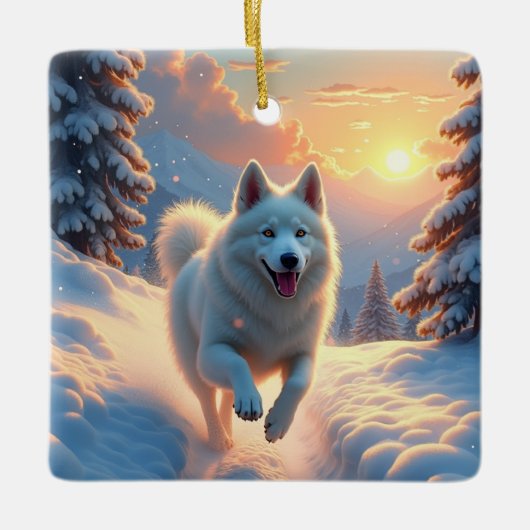 Ornement En Céramique Samoyed Snowy Mountain Adventure Christmas (Devant)