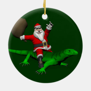 Ornement En Céramique Santa Claus Riding Green Lizard