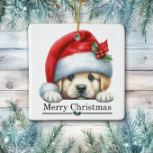 Ornement En Céramique Santa Hat Golden Retriever Puppy Merry Christmas