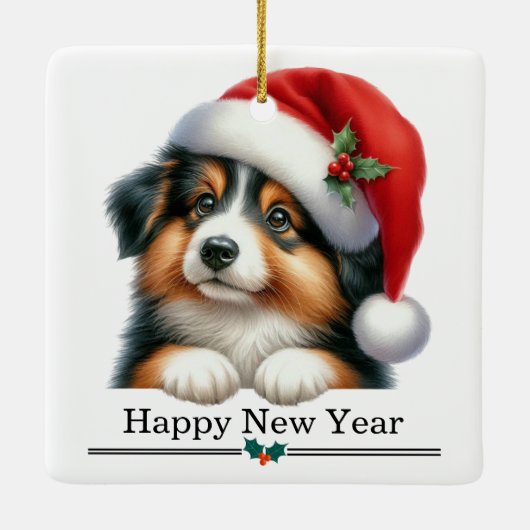 Ornement En Céramique Santa Hat Shetland Sheepdog Puppy Merry Christmas (Dos)