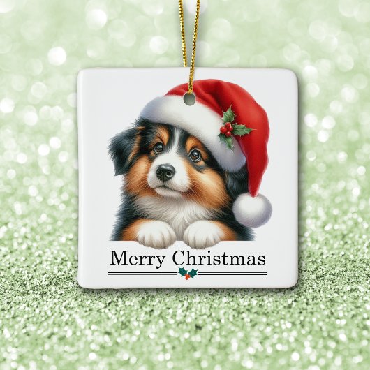 Ornement En Céramique Santa Hat Shetland Sheepdog Puppy Merry Christmas