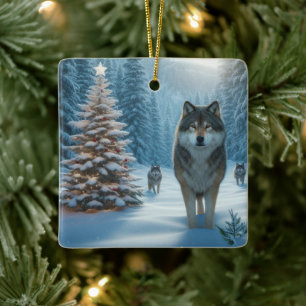 Ornement En Céramique Sapin de Noël et Loups