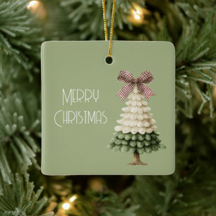 Ornement En Céramique Sapin de Noël vert crème Ruban rouge Lettre du Pèr