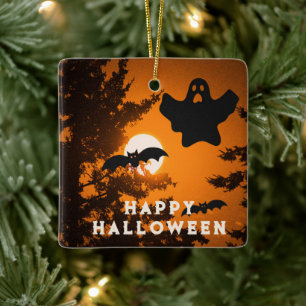 Ornement En Céramique Scène de nuit d'Halloween sinistre noire et orange