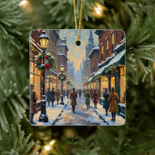 Ornement En Céramique Scène de rue de ville enneigée de Noël vintage