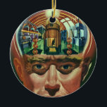 Ornement En Céramique Science-fiction vintage, Cerveau Alien en laborato<br><div class="desc">Illustration vintage photo d'aliens et de robots futuristes de Science Fiction montrant un homme avec son cerveau exposé montrant un laboratoire. Un dessin classique de bande dessinée mettant en vedette un cyborg scientifique avec sa main sur son menton avec un regard intense sur son visage et semble penser à l'avenir...</div>