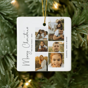 Ornement En Céramique Script de Noël minimal Joyeux Noël Famille 6 Phot