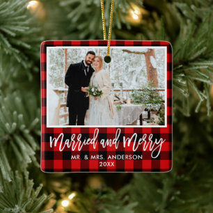 Ornement En Céramique Script de pinceau moderne Rouge Plaid Marié et Joy