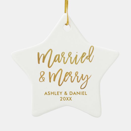 Ornement En Céramique Script Gold Brush Marié & Merry Mariage Star (Dos)