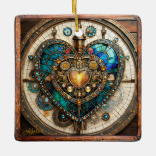 Ornement En Céramique Série Steampunk Cœur de Verre Stainé Doré