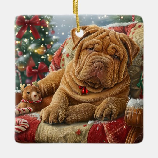 Ornement En Céramique Shar Pei Chien Festif de Noël (Devant)