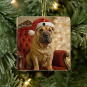 Ornement En Céramique Shar-Pei de Noël avec un chapeau de Père Noël