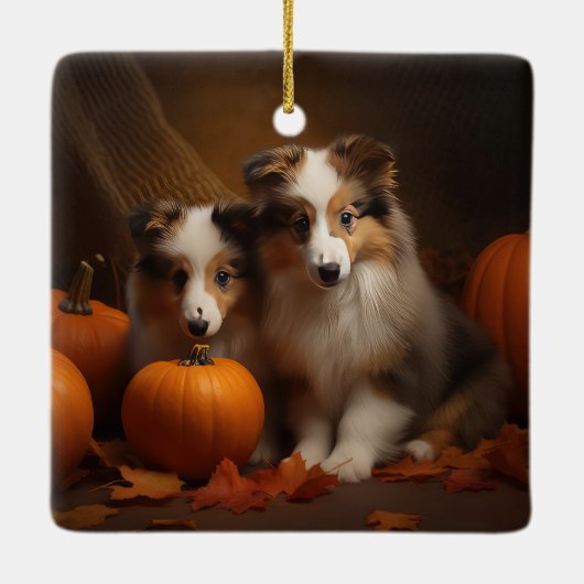 Ornement En Céramique Shetland Sheepdog Chiot Chiot Automne Citrouille d (Dos)