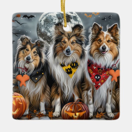 Ornement En Céramique Shetland Sheepdog Halloween Éffrayant (Devant)