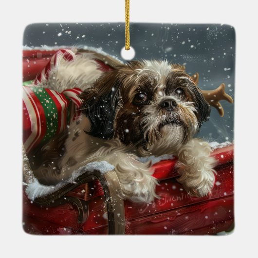 Ornement En Céramique Shih Tzu Chien Festif de Noël (Dos)