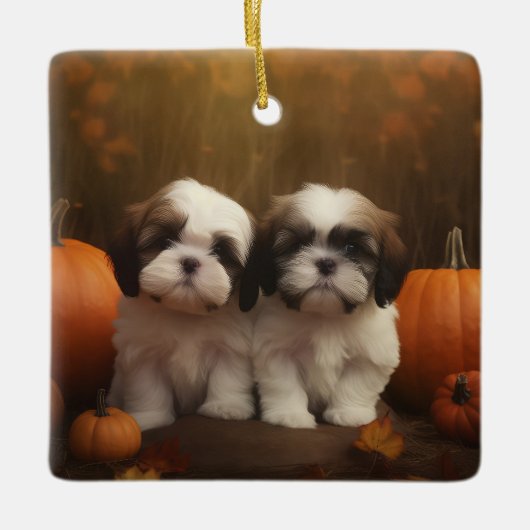 Ornement En Céramique Shih Tzu Puppy Automne Citrouille de plaisir (Devant)