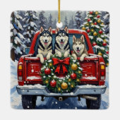 Ornement En Céramique Siberian Husky Christmas Red Truck Holiday (Dos)