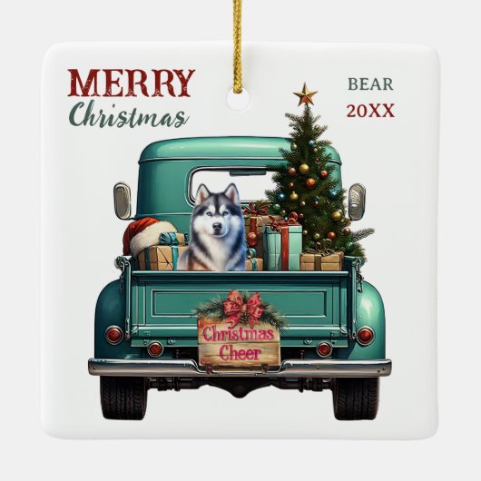 Ornement En Céramique Sibérie Husky Chien Retro Camion Noël (Dos)