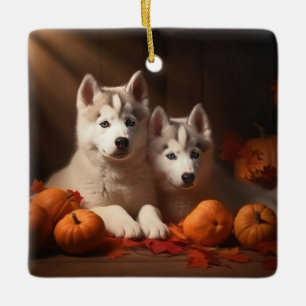 Ornement En Céramique Sibérie Husky Puppy Citrouille d'automne