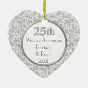 Ornement En Céramique Silver Floral Elegance 25e anniversaire Mariage