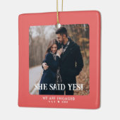 Ornement En Céramique Simple Coral First Christmas Engaged Custom Photo (Gauche)