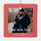 Ornement En Céramique Simple Coral First Christmas Engaged Custom Photo (Dos)