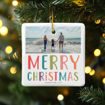 Ornement En Céramique Simple et coloré Joyeux Noël Photo de famille<br><div class="desc">Cette simple et amusante famille Joyeux ornement de Noël dispose d'un endroit pour vous d'ajouter vos noms, avec "Joyeux Noël" dans la typographie colorée brillante, ainsi que de la place pour vous d'ajouter votre propre photo de paysage. Sur le dos est un pois de polka coloré. Un décor de vacances...</div>