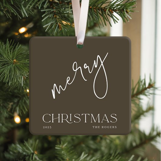 Ornement En Céramique Simple Minimal Olive White Family Name Christmas