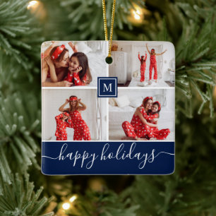 Ornement En Céramique Simple Monogramme Collage De Photos Joyeux Noël Na