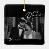 Ornement En Céramique Simple Noir Blanc Merry Marié Script Photo (Dos)