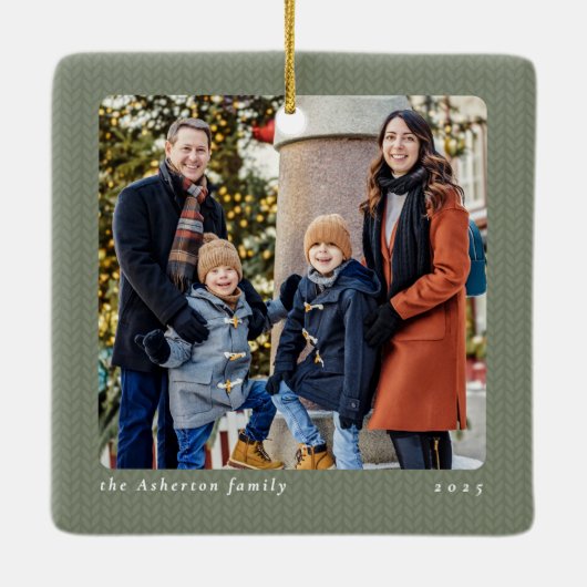 Ornement En Céramique Simple sage green knit frame one photo Christmas (Dos)