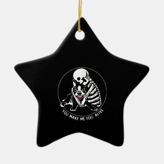 ORNEMENT EN CÉRAMIQUE SKELETON HUG BOSTON TERRIER VOUS ME FAITES SENTIR  (Devant)