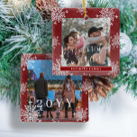 Ornement En Céramique Snowflakes 2 family photo personalized red<br><div class="desc">Rustic elegant winter red and white family keepsake tree ornament template with sparkling snowflakes frame.                       Easy to personalize with your 2 photos,  text script,  family name and year!</div>