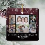 Ornement En Céramique Snowflakes Christmas Family 6 Photo Collage<br><div class="desc">Snowflakes moderne Noël Famille 6 Photo Collage Ornement en céramique. Design moderne de Noël avec un motif flocon de neige sur rouge foncé, 6 photos, joyeux souhait de Noël, nom de famille et année. Ajoutez 6 photos préférées et customisez le texte. Bon souvenir de Noël ou cadeau pour votre famille...</div>