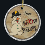 Ornement En Céramique Snowman<br><div class="desc">Ornement en céramique. Mignonne S"NO"W Peeking Snowman. Idée géniale à donner comme cadeau, utiliser comme partie de votre emballage cadeau, Hang on your Christmas Tree, Personnaliser, etc... ⭐ Ce produit est 100% personnalisable. Les graphiques et le texte peuvent être supprimés, déplacés, redimensionnés, changés autour, tournés, etc... 99% de mes designs...</div>