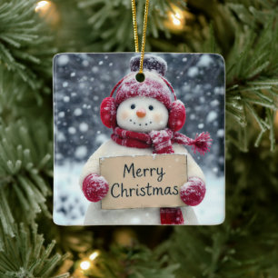 Ornement En Céramique Snowman avec joyeux signe de Noël