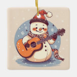 Ornement En Céramique Snowman jouant de la guitare<br><div class="desc">Un design avec un bonhomme de neige jouant de la guitare</div>