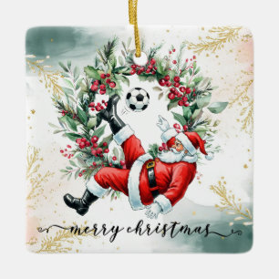 Ornement En Céramique Soccer Happy Holidays Père Noël jouant au football