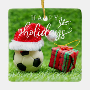 Ornement En Céramique Soccer Joyeuses vacances avec balle sur herbe vert
