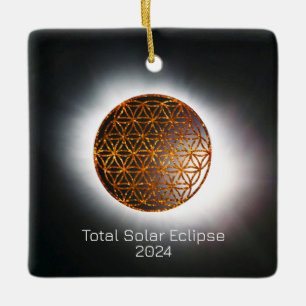 Ornement En Céramique Solar Eclipse 2024 Gold Sparkling Flower of Life