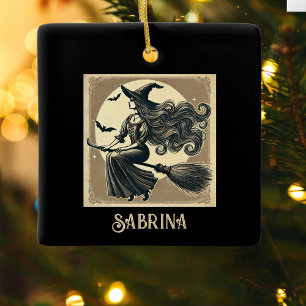 Ornement En Céramique Sorcière Élégante sur Balai Vintage Halloween Noir