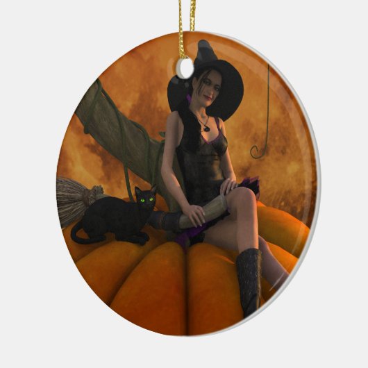 Ornement En Céramique Sorcière et chat sur Citrouille géant (Gauche)
