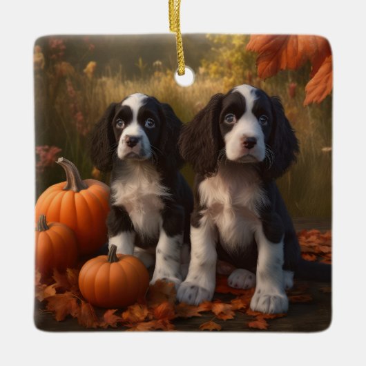 Ornement En Céramique Springer Spaniel Chiot Automne Citrouille de plais (Devant)