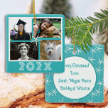Ornement En Céramique Starfish Famille Turquoise Photo Collage Daté<br><div class="desc">Décor de Noël turquoise avec un design étoilé et quatre modèles photo. Cet ornement d'arbre plat et carré permet aux grandes familles de partager plus de photos dans un petit paquet. Le thème tropical est bleu-vert et blanc. Les grands nombres sur le front pour l'année sont en dessous des quatre...</div>