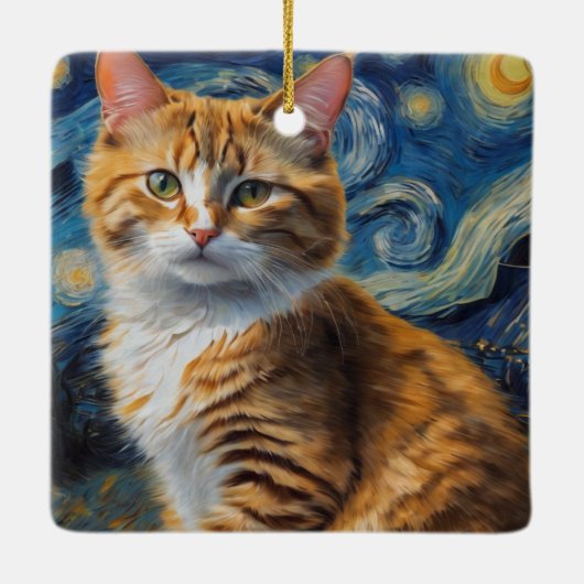 Ornement En Céramique Starry Night Art with a Cat (Dos)