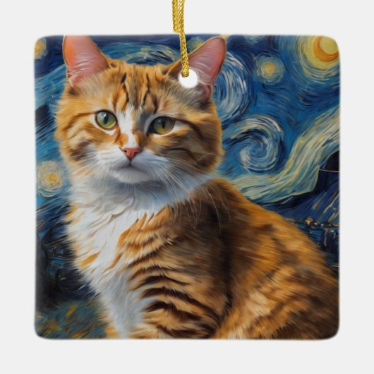 Ornement En Céramique Starry Night Art with a Cat (Devant)