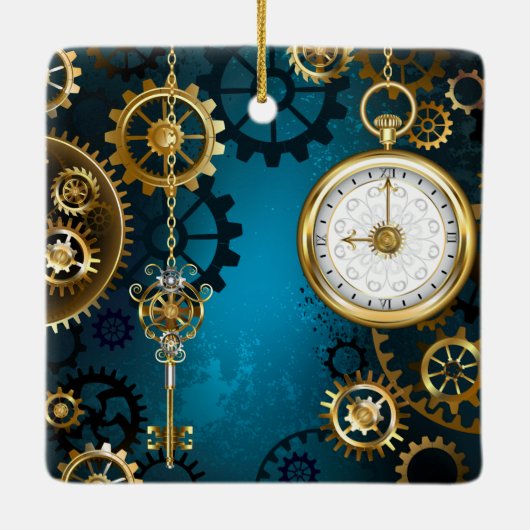 Ornement En Céramique Steampunk Arrière - plan turquoise avec Gears (Dos)