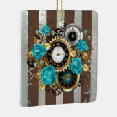 Ornement En Céramique Steampunk Clock and Turquoise Roses on Striped (Droite)