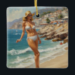 Ornement En Céramique Style vintage French Riviera Travel Beach Girl<br><div class="desc">Publicité vintage de Voyage en France et en Europe - Illustration Plage,  village,  personnes,  mer bleue et ciel</div>