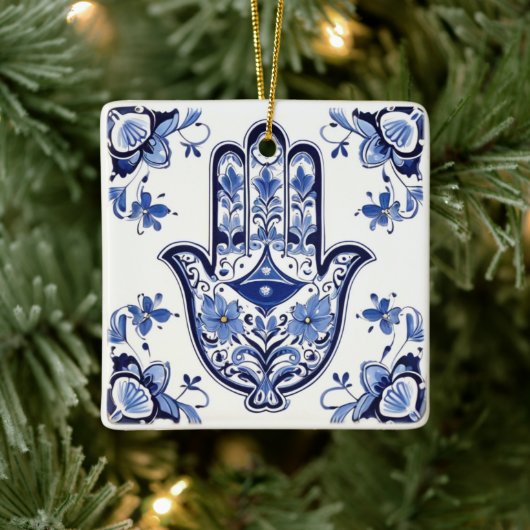 Ornement En Céramique Symbole main de Hamsa - Main bleue et blanche de F (Arbre)